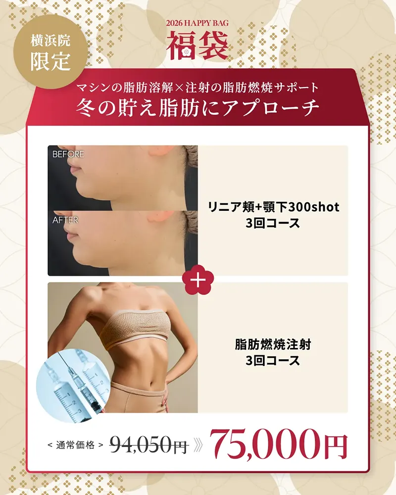 横浜院限定 マシンの脂肪溶解×注射の脂肪燃焼サポート 冬の貯え脂肪にアプローチ リニア頬+顎下300shot3回コース 脂肪燃焼注射3回コース ¥94,050→¥75,000