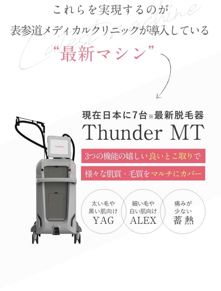 これらを実現するのが表参道メディカルクリニックが導入している“最新マシン”「Thunder MT」現在日本に7台の最新脱毛器 3つの機能の嬉しい良いとこ取りで、様々な肌質・毛室をマルチにカバー ・太い毛や黒い肌向け「YAG」 ・細い毛や白い肌向け「ALEX」 ・痛みが少ない蓄熱